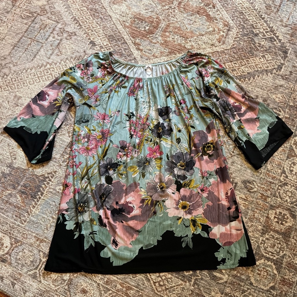 Honeyme Women's Floral Tunic Top 3/4 Sleeve Sz L Stretch Flowy Artsy‎ EUC